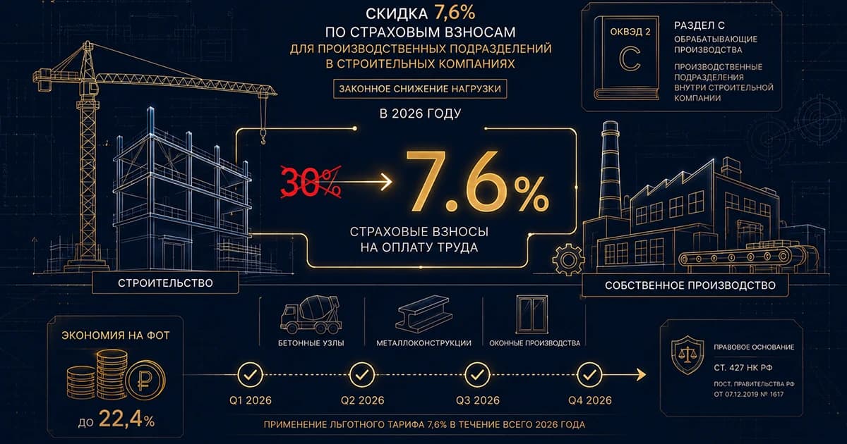 Льгота 7,6% для производства внутри строительной компании: как сэкономить 2+ млн ₽ в 2026